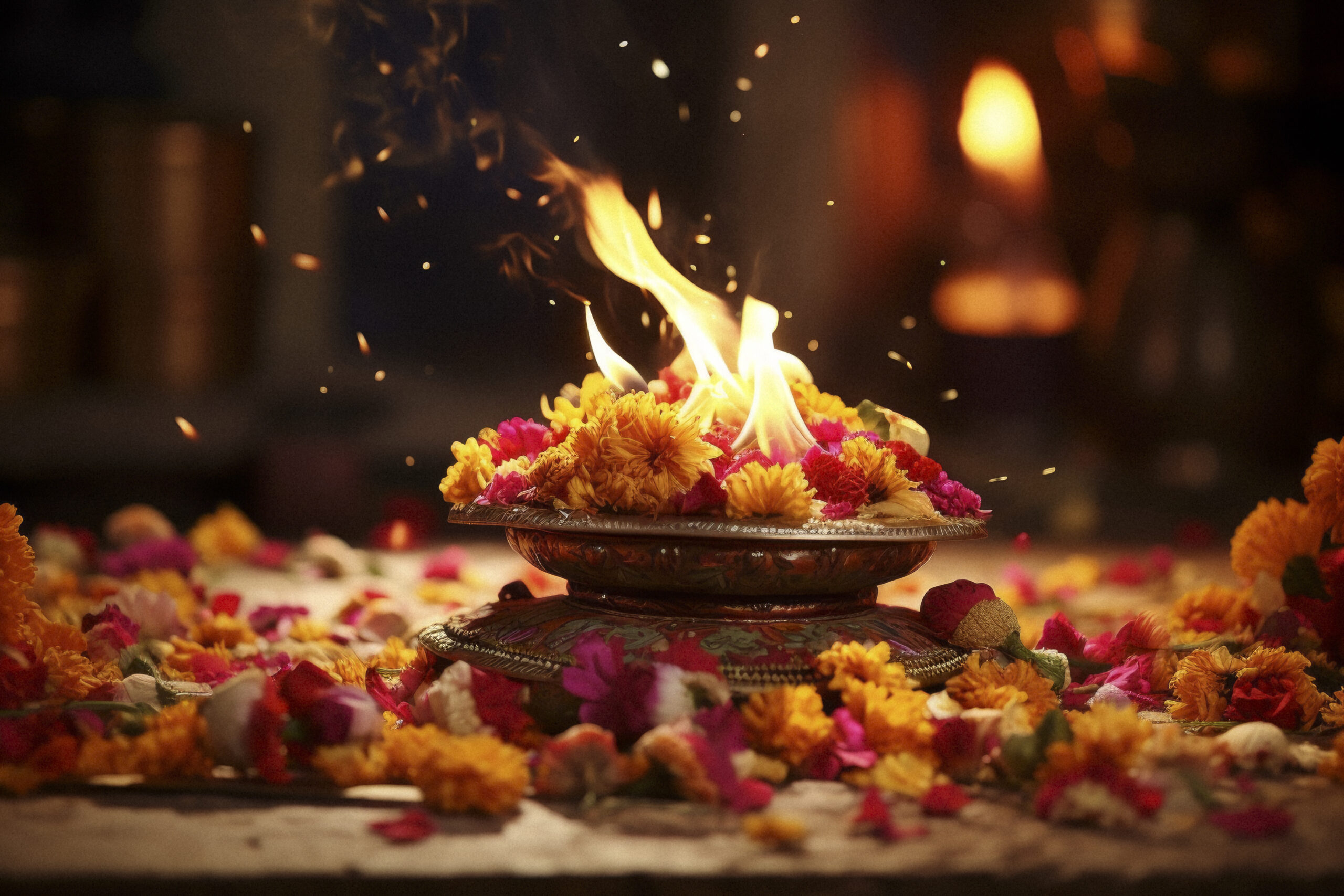 Create a hyper-realistic image of a beautifully decorated bonfire, adorned with vibrant rangoli patterns and flowers. Showcase the fusion of art and tradition in this festive centerpiece. Realistic, lohri, cinematic photo, photography, cinematic tones, --ar 3:2 --v 5.2 Job ID: f6523030-66a1-44bb-9f67-49d7853b27f8